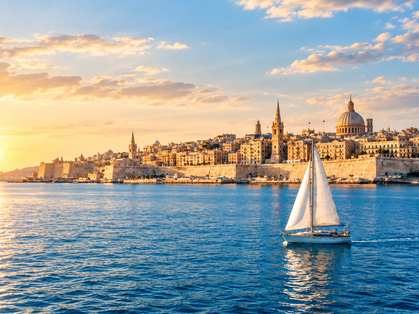 Valletta skyline at sunset with a sailboat in Marsamxett Harbour