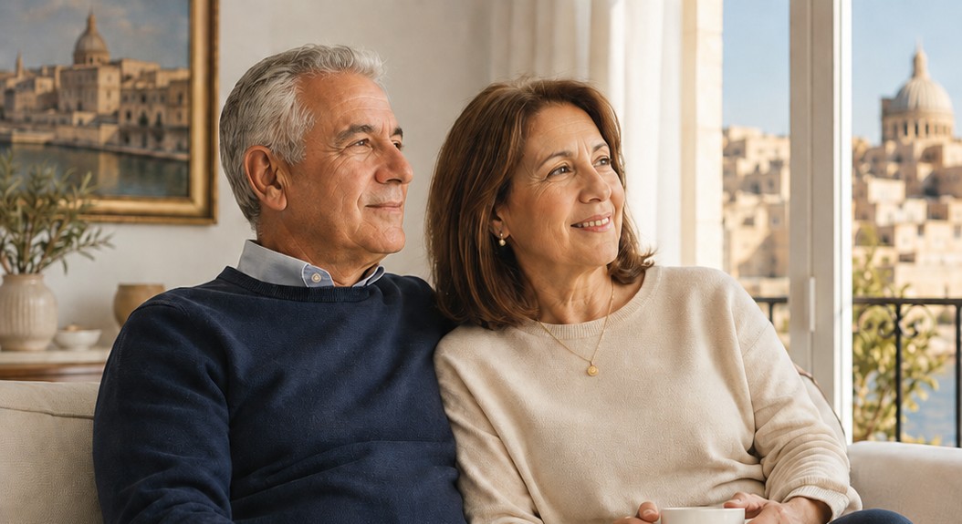 Maltese couple at home looking toward Valletta